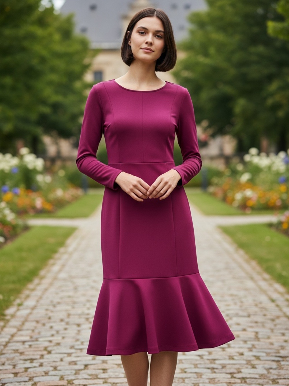 Nine West Long-Sleeve Fitted Flounce Dress in Plum